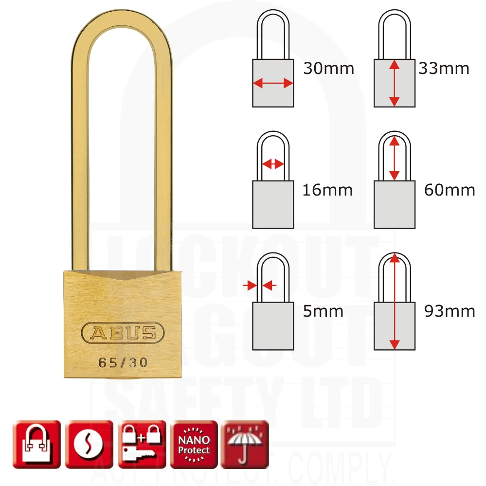 65MB/30HB70 Series Abus Weatherproof Brass Padlock Long Shackle