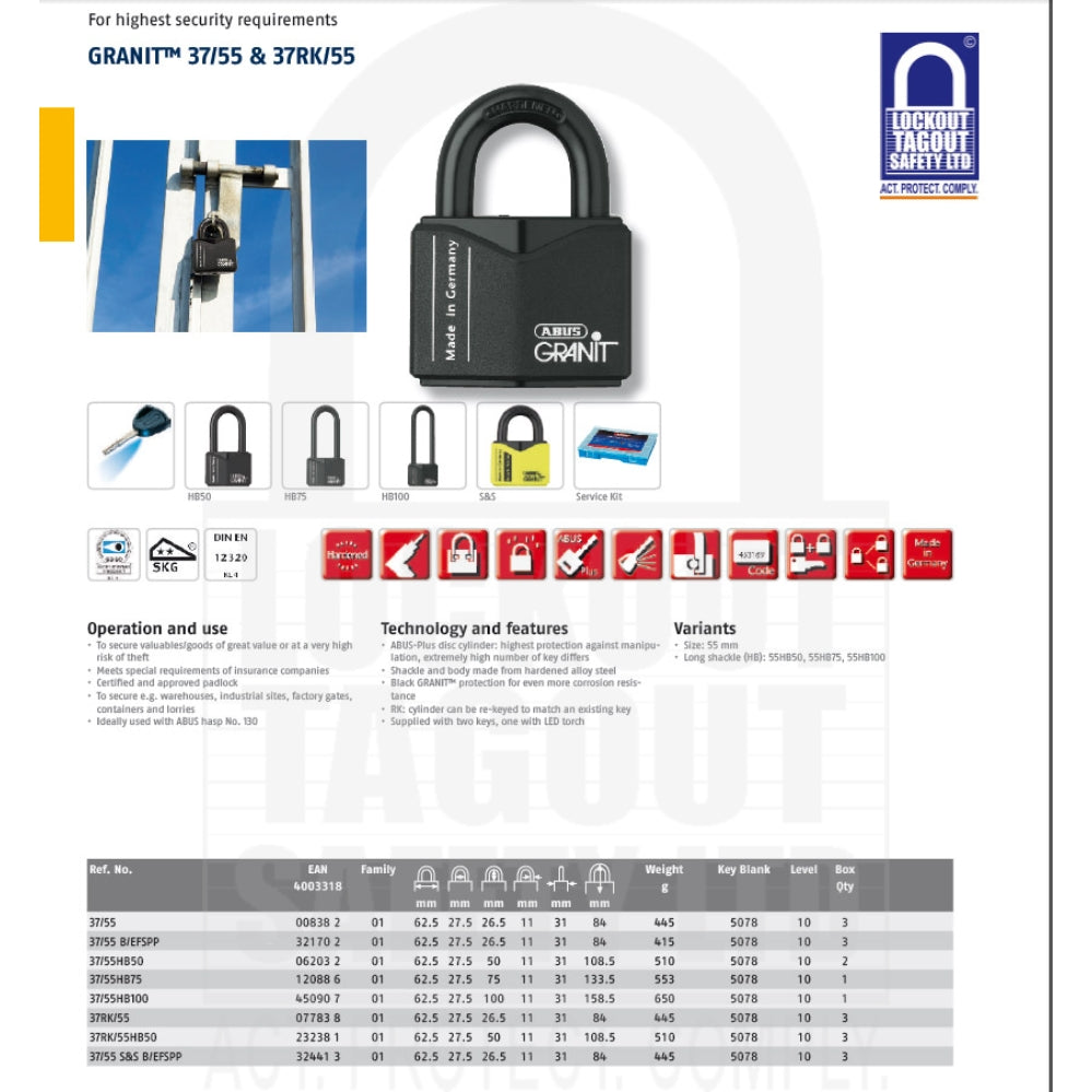 Abus 37/55HB50 Granit Padlock Long Shackle